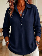 CLEARANCE SALE🔥 Women's Casual Waffle Knit Collared Henley Long Sleeve Shirt
